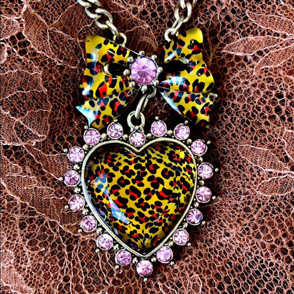 Betsy Johnson Leopard Heart and Bow Necklace